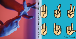 Zwei Bilder nebeneinander: Foto von Händen die gerade eine Gebärde ausführen und Grafiken von Händen, die verschiedene Gebärden darstellen