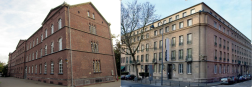 Fotos von zwei Gebäuden. Links ein dreistöckiges Backsteingebäude und rechts ein fünfstöckiges Eckhaus