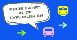 Logo: Bus- und Bahn-Zeichen mit Sprechblase "Freie Fahrt in die LVR Museen"