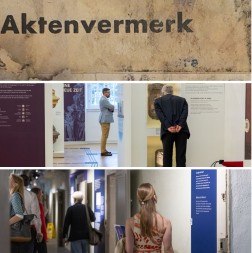 Collage verschiedener Bilder und Fotos von Menschen beim Betrachten von Ausstellungen